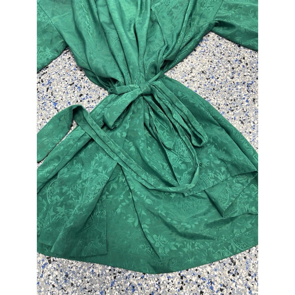 Vintage 90s Victoria's Secret Satin Kimono Womens Robe OS Green Jacquard Paisley - Picture 2 of 8